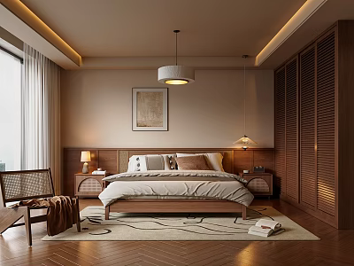 Modern Bedroom Interior Design With Beige Walls Wooden Floors King Bed And Woven Rattan Chair 3d model