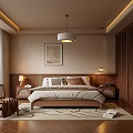 Modern Bedroom Interior Design With Beige Walls Wooden Floors King Bed And Woven Rattan Chair