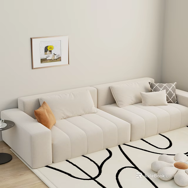 Beige Sectional Sofa with Orange Gray Checkered Pillows and Patterned Rug 3d model