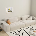 Beige Sectional Sofa with Orange Gray Checkered Pillows and Patterned Rug 3d model
