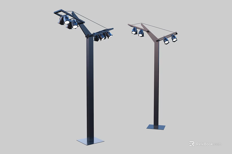 Modern Outdoor Street Lamps With Angled Brackets Multiple Lamp Heads And Black Poles 3d model 
