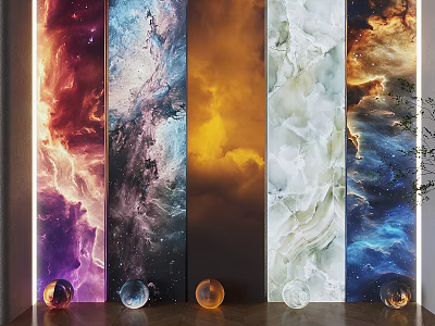 Colorful Nebula Galaxy Design Wall Panels With Lighting And Decorative Spheres 3d model