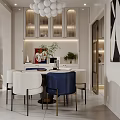 Modern Elegant Dining And Living Room Interior With Chandelier Dining Table And Blue Chairs