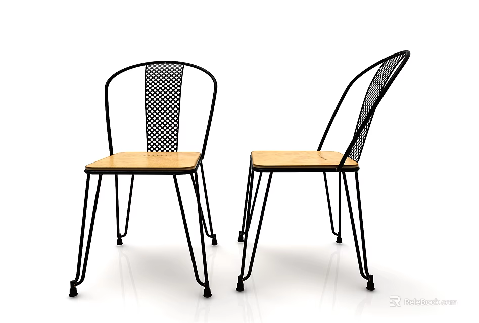 Modern Leisure Chairs with Black Metal Frame Wooden Seat and Mesh Back Design 3d model 