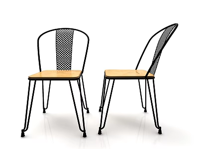 Modern Leisure Chairs with Black Metal Frame Wooden Seat and Mesh Back Design 3d model