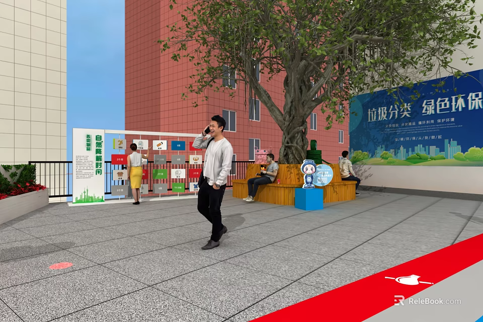 Green Commercial Street Featuring Garbage Classification Boards Trees Benches And Pedestrians 3d model