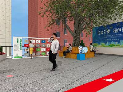 Green Commercial Street Featuring Garbage Classification Boards Trees Benches And Pedestrians 3d model