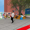 Green Commercial Street Featuring Garbage Classification Boards Trees Benches And Pedestrians 3d model