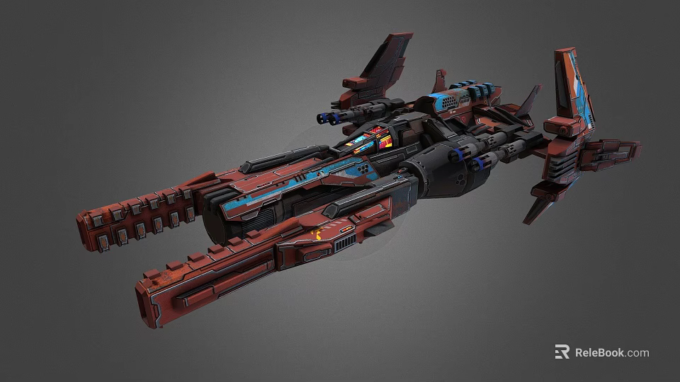 Detailed Cosmic Spaceship 3D Model With Red Blue Accents And Weapon Systems 3d model 