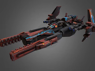 Detailed Cosmic Spaceship 3D Model With Red Blue Accents And Weapon Systems 3d model