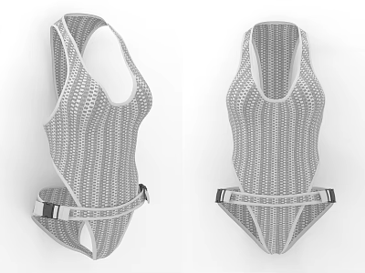 Gray Mesh Bodysuit With Open Back Design And Waist Strap Details 3d model