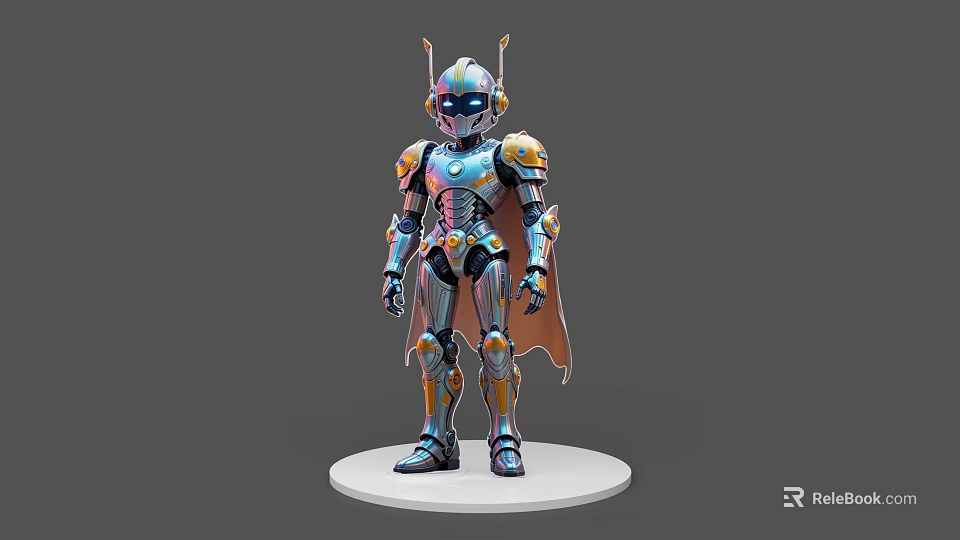 Game Movie Robot Character With Metallic Blue Silver Armor And Orange Accents 3d model 