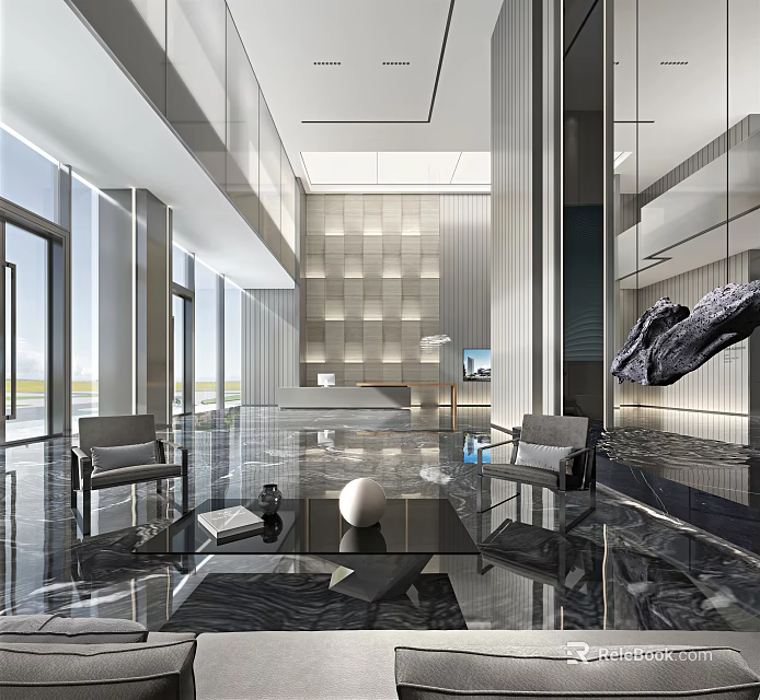 Modern Reception Area With Front Desk Marble Flooring Large Windows Elegant Chairs And Artwork 3d model 