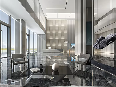 Modern Reception Area With Front Desk Marble Flooring Large Windows Elegant Chairs And Artwork 3d model