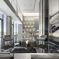 Modern Reception Area With Front Desk Marble Flooring Large Windows Elegant Chairs And Artwork