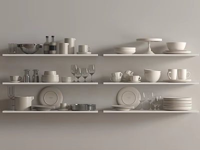 Modern White Dinnerware Set Display with Plates Bowls Mugs and Wine Glasses on Shelves 3d model