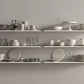 Modern White Dinnerware Set Display with Plates Bowls Mugs and Wine Glasses on Shelves