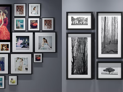 Modern Photo Wall with Various Size Frames and Black White Color 3d model