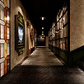 Vintage Elevator Hallway Design With Staircase Lighting Decorative Paintings And Tile Flooring