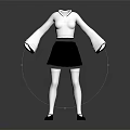 Women's Outfit With White Collared Bell Sleeve Top Black Skirt White Tights And Black Shoes