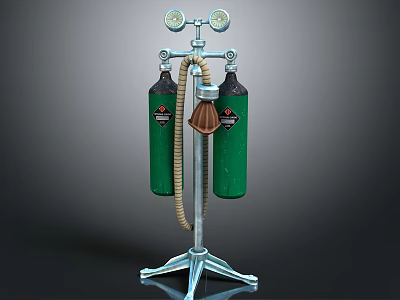 Green Gas Cylinder Setup With Metal Stand Pressure Gauges Hose And Mask 3d model