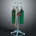 Green Gas Cylinder Setup With Metal Stand Pressure Gauges Hose And Mask