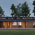 Traditional Rustic Guesthouse Building With Wooden Facade Tile Roof And Lush Tree Surroundings