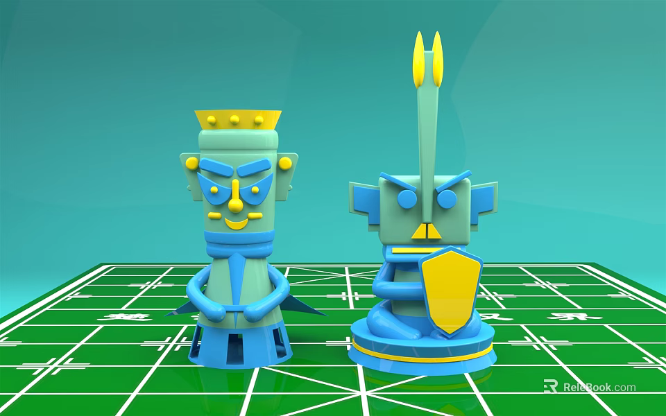 Decorative Crown And Spear Shield Character Dolls On Green Grid Surface 3d model
