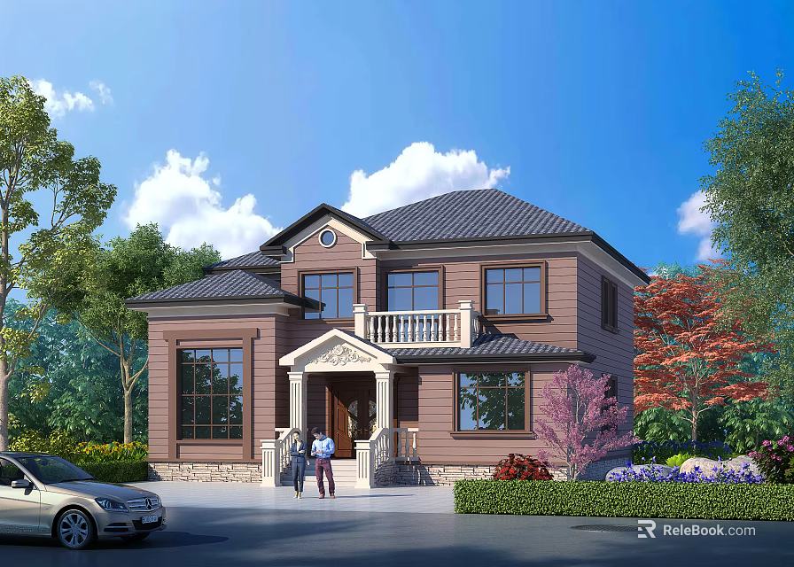 Detached Villa with Brown Exterior Black Roof Green Trees and Car at Entrance 3d model 