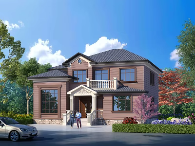 Detached Villa with Brown Exterior Black Roof Green Trees and Car at Entrance 3d model