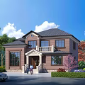 Detached Villa with Brown Exterior Black Roof Green Trees and Car at Entrance