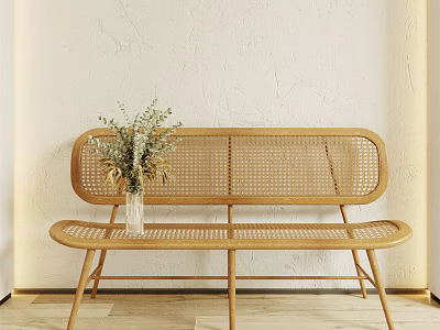 Rattan Leisure Chair with Wooden Frame and Dried Flowers on Light Colored Wall Background 3d model