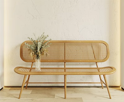 Rattan Leisure Chair with Wooden Frame and Dried Flowers on Light Colored Wall Background 3d model
