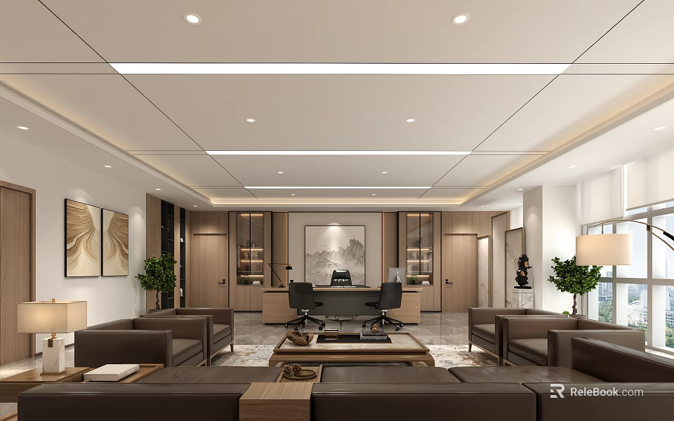 Modern Office Interior With Open Layout Sofa Desk Green Plants And Wooden Bookshelves 3d model 
