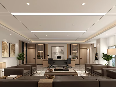 Modern Office Interior With Open Layout Sofa Desk Green Plants And Wooden Bookshelves 3d model
