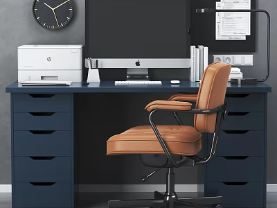 Navy Blue Desk With Computer Monitor Printer Lamp Documents And Brown Leather Office Chair 3d model