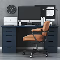 Navy Blue Desk With Computer Monitor Printer Lamp Documents And Brown Leather Office Chair