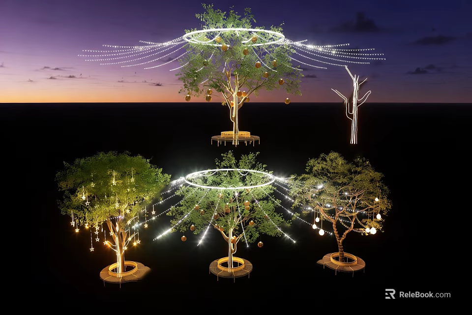 Decorative String Lights Decorating Outdoor Trees with Hanging Lamps and Evening Sky 3d model 