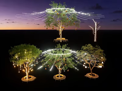 Decorative String Lights Decorating Outdoor Trees with Hanging Lamps and Evening Sky 3d model