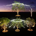 Decorative String Lights Decorating Outdoor Trees with Hanging Lamps and Evening Sky