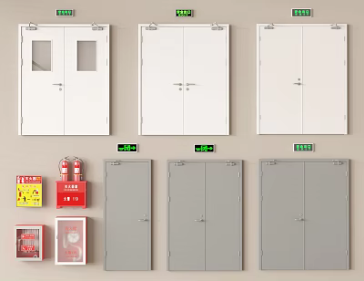 White And Gray Fire Doors With Fire Extinguishers Safety Boxes And Signs 3d model