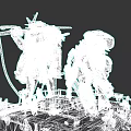 Dual Mechanical Game Movie Characters With Brown Red Armor Cloak Glowing Parts And White Platform