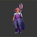 3D Animated Fantasy Character With Pink Hair Purple Outfit And Magical Staff