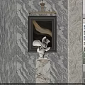 Elegant Foyer Hallway With Marble Walls Framed Artwork And White Sculpture