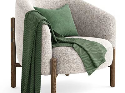 Comfortable Beige Fabric Single Chair With Wooden Legs Green Cushion And Geometric Pattern Blanket 3d model