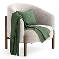 Comfortable Beige Fabric Single Chair With Wooden Legs Green Cushion And Geometric Pattern Blanket