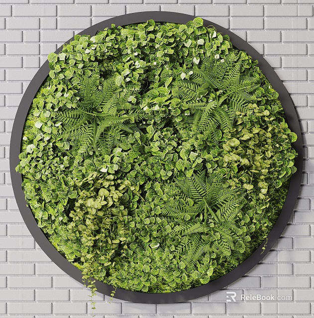 Round Frame Living Plant Wall With Green Ferns And Brick Wall Background 3d model 