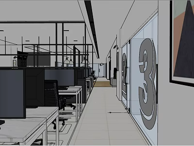 Modern Internet Cafe Interior With Computers Tables Chairs Glass Walls And Numbers 3d model