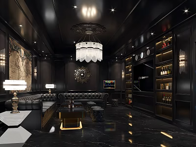 Luxury KTV Interior With Black Leather Sofa Crystal Chandelier Wine Cabinet And TV Screen 3d model