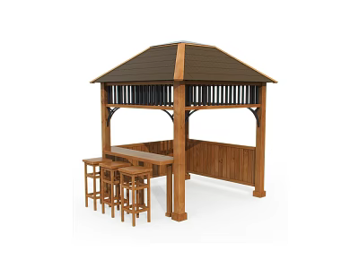 Wooden Garden Gazebo With Bar Counter And Stools For Outdoor Leisure Space 3d model